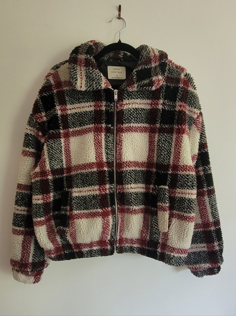 Urban Heritage Plaid Faux Sherpa Jacket - Cream, Black & Maroon
